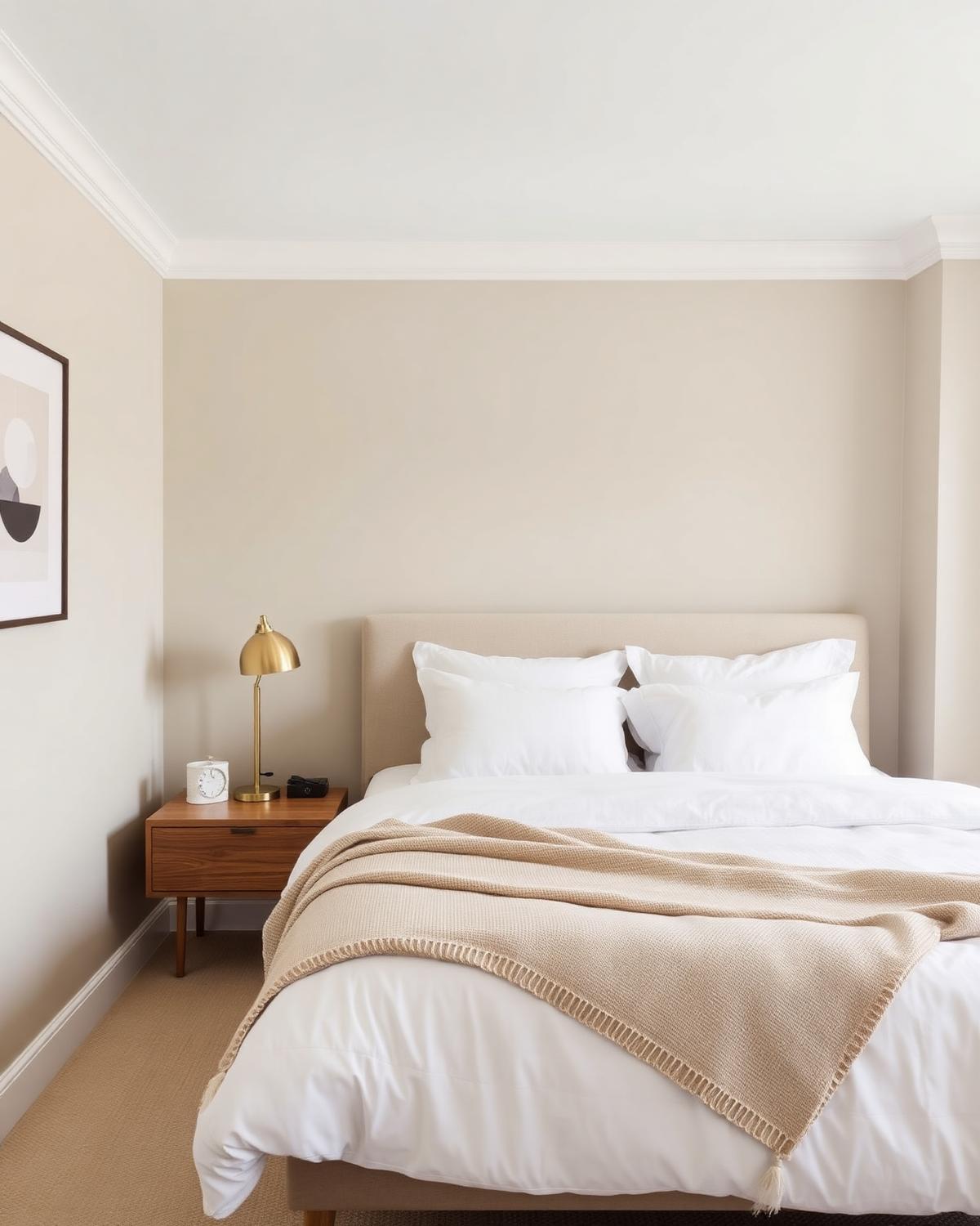 Boutique bedroom with white linens and brass lamp